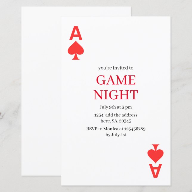 Minimalist Playing Kaart Game Night Details toevoe (Voorkant / Achterkant)