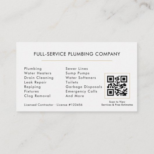 Minimalist Plumber White Gold QR Code Visitekaartje (Achterkant)