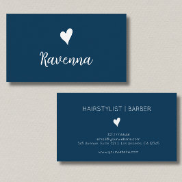Minimalist Prussian Blue White Heart Barber Name Visitekaartje