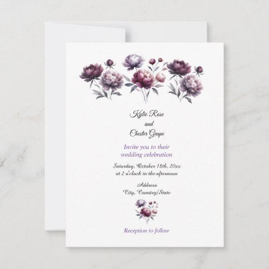 Minimalist Purple Peonies Wedding Invitation Kaart (Voorkant)