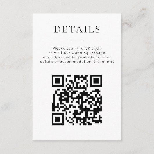 Minimalist QR Code Black White Wedding Details Informatiekaartje (Voorkant)