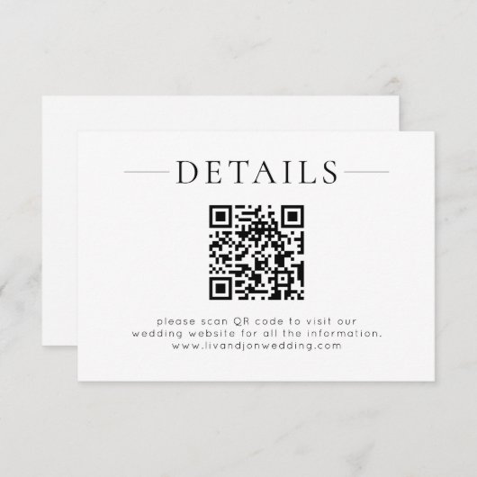 Minimalist QR Code Black White Wedding Details Informatiekaartje (Voorkant / Achterkant)