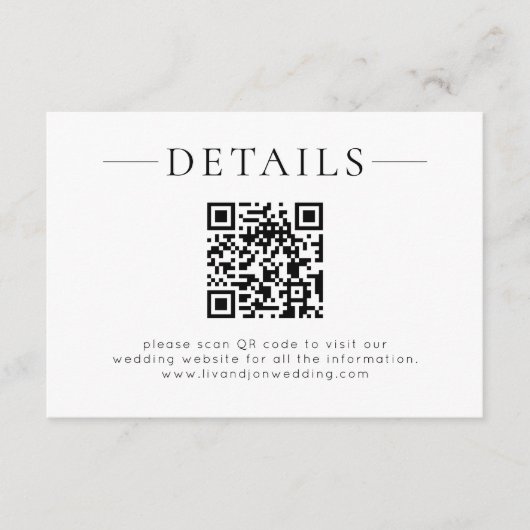 Minimalist QR Code Black White Wedding Details Informatiekaartje (Voorkant)