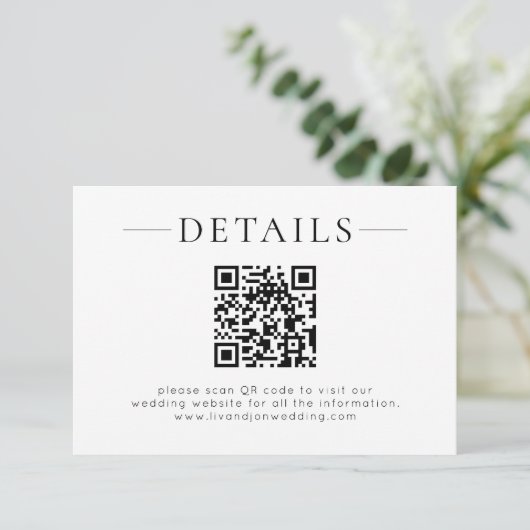 Minimalist QR Code Black White Wedding Details Informatiekaartje (Staand voorkant)