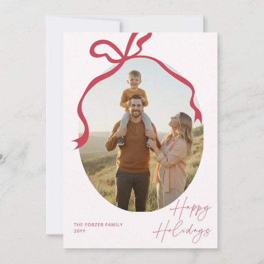 Minimalist Red Bow Family Photo Christmas  Feestdagenkaart (Voorkant)