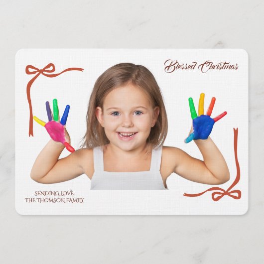 Minimalist Red Bows Blessing Christmas Handwriting Kaart (Voorkant)