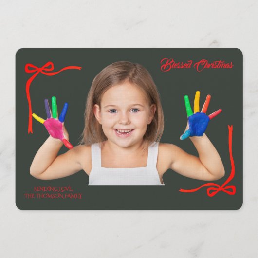 Minimalist Red Bows Blessing Christmas Handwriting Kaart (Voorkant)