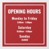 Minimalist Red Business Opening Hours Sign  Raamsticker (Vel)