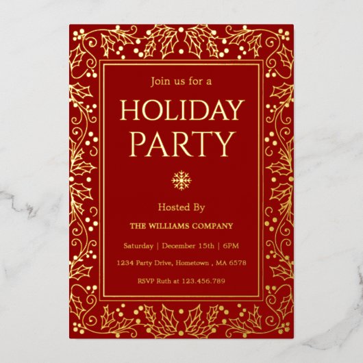 Minimalist Red & Gold Holiday Gathering Folie Uitnodiging (Voorkant)