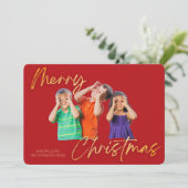 Minimalist Red Gold Merry Christmas Handwriting Kaart (Staand voorkant)