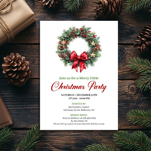 Minimalist Red Green Christmas Wreath Party Card Kaart