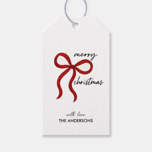 Minimalist Red Ribbon Bow Merry Christmas  Cadeaulabel (Voorkant)