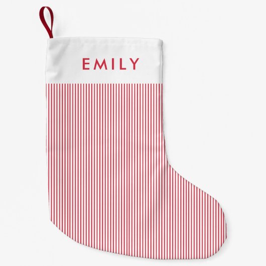 Minimalist Red Stripes Personalized Name  Kleine Kerstsok (Voorkant)