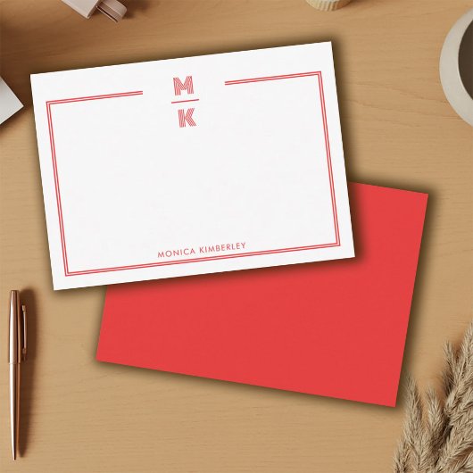 Minimalist Red Two Border Monogram Note Card Notitiekaartje