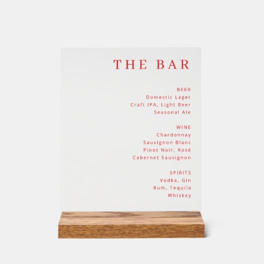 Minimalist Red Typographic Bar Menu Acryl Bord (Voorkant)