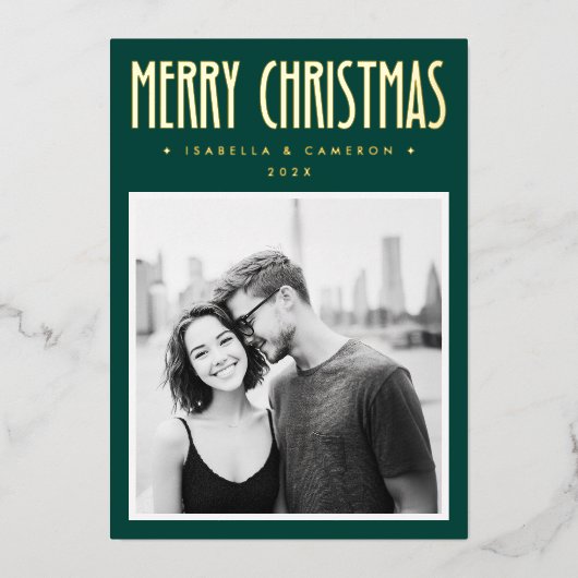 Minimalist retro Merry Christmas dark green Folie Feestdagenkaart (Voorkant)