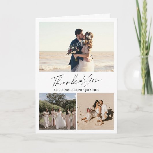 Minimalist romantic 3 photo beach wedding  bedankkaart (Voorkant)