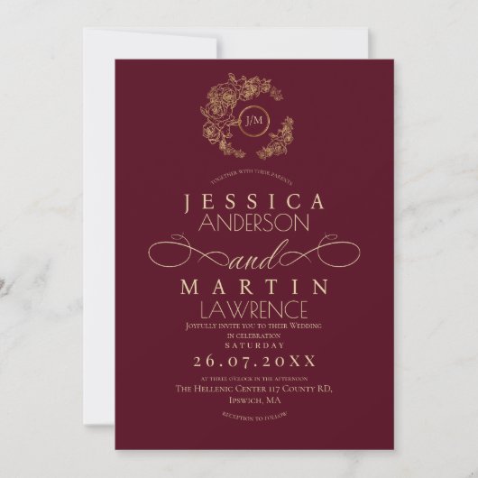 Minimalist Romantic Script Burgundy Gold Wedding  Kaart (Voorkant)