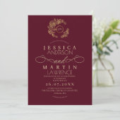 Minimalist Romantic Script Burgundy Gold Wedding  Kaart (Staand voorkant)
