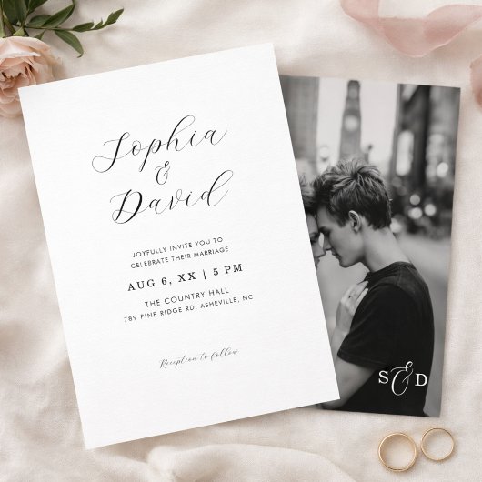 Minimalist Romantic Script Chic Photo Wedding Kaart