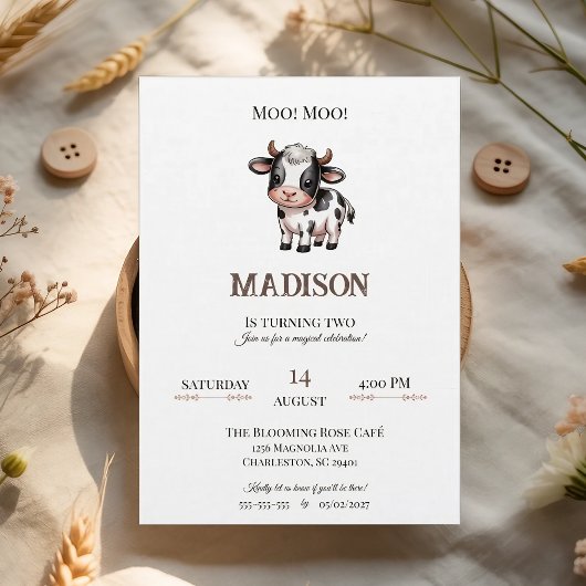 Minimalist Rose Beige Invitation Cow Birthday Kaart