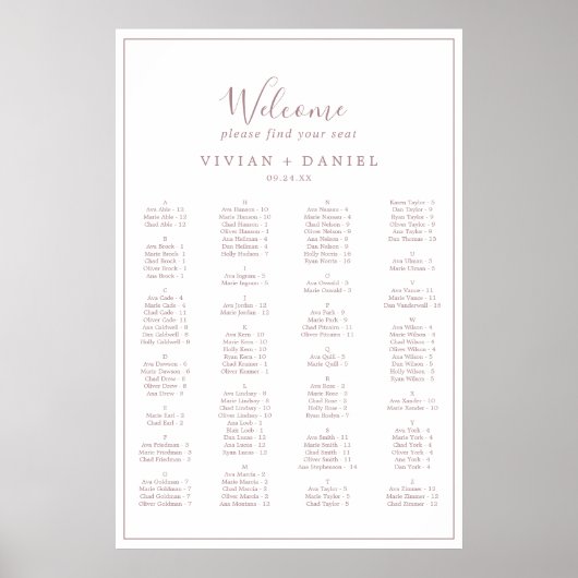 Minimalist Rose Gold Alphabetical Seating Chart Poster (Voorkant)