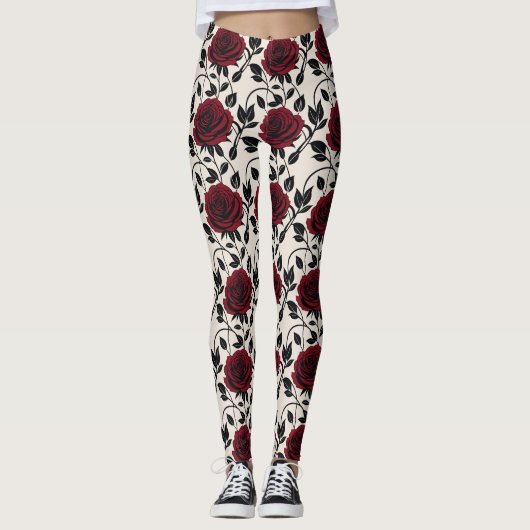 Minimalist Roses In Black And Deep Red On A Cream Leggings (Voorkant)