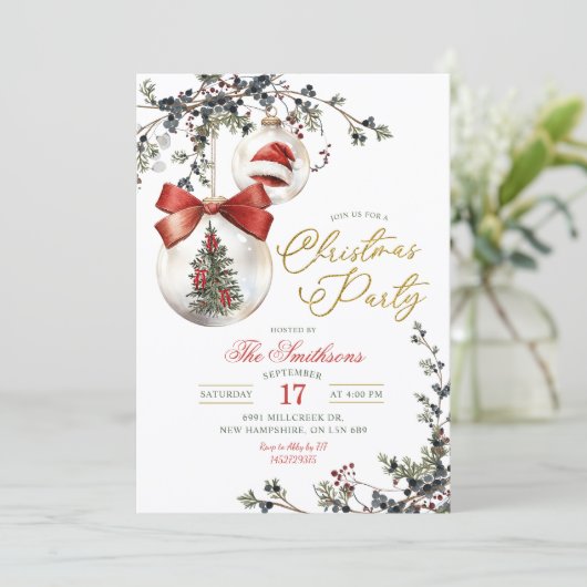 Minimalist Rustic Floral Baubles Christmas Party Kaart (Staand voorkant)