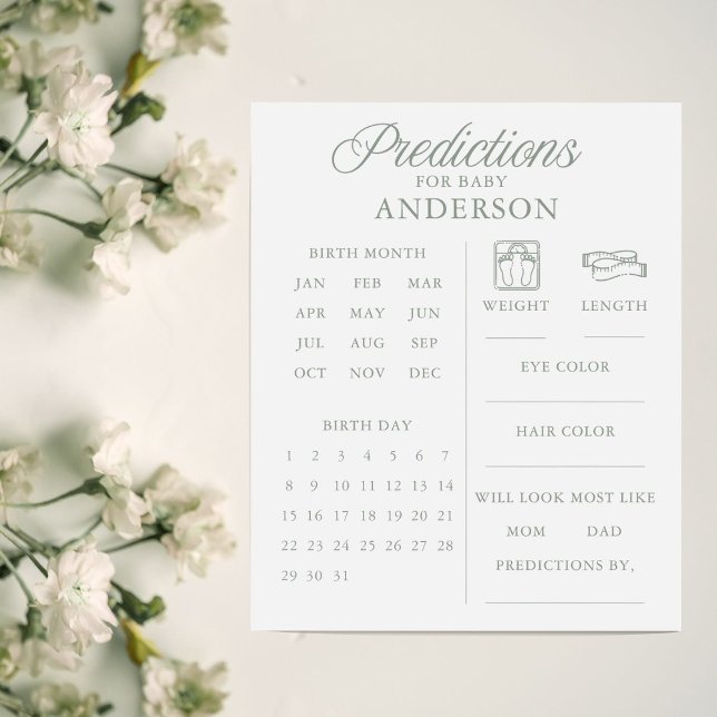 Minimalist Sage Green Baby Shower Predictions Game (Creator heeft geüpload)