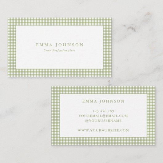 Minimalist Sage Green Gingham Plaid Visitekaartje (Voorkant / Achterkant)