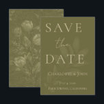 Minimalist Sage Green Save the Date Card<br><div class="desc">Announce your special day with this elegant, minimalist sage green save-the-date card featuring refined typography and a subtle botanical floral design. The rich olive background paired with soft cream lettering creates a timeless and sophisticated aesthetic perfect for modern couples. The back of the card features a delicate tone-on-tone floral illustration...</div>