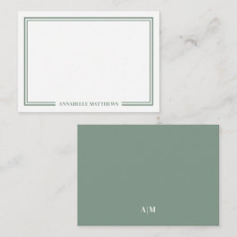 Minimalist Sage Green Two Border Monogram Notitiekaartje
