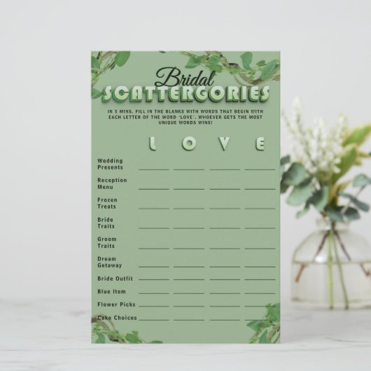 Minimalist Sage Greenery Scattergories Bridal Game (Staand voorkant)