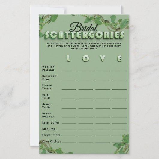 Minimalist Sage Greenery Scattergories Bridal Game (Voorkant)