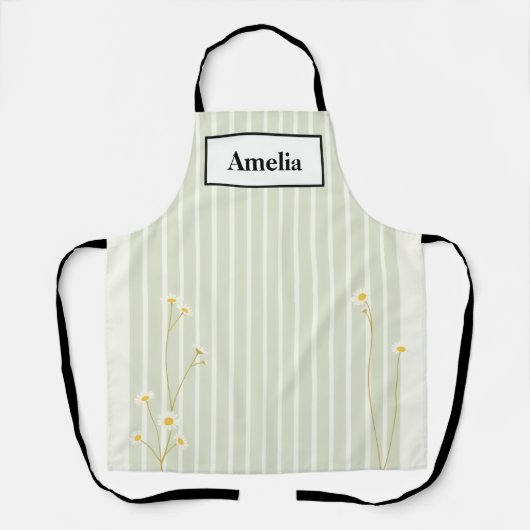 Minimalist Sage Stripe & Daisy Apron Schort (Voorkant)
