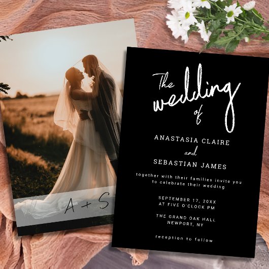 Minimalist Script Black and White Photo Wedding Kaart