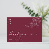 Minimalist Script Burgundy Botanical Wedding Bedankkaart (Staand voorkant)
