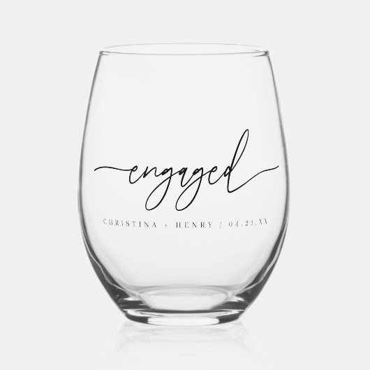 Minimalist Script "Engaged" Custom Names Wijnglas Zonder Voet (Voorkant)