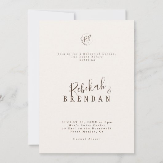 Minimalist Script Floral Monogram Rehearsal Dinner Kaart (Voorkant)