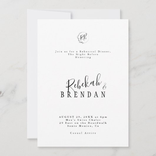 Minimalist Script Floral Monogram Rehearsal Dinner Kaart (Voorkant)