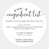 Minimalist Script Ingredient List Bakery Product Ronde Sticker (Voorkant)