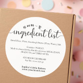 Minimalist Script Ingredient List Bakery Product Ronde Sticker