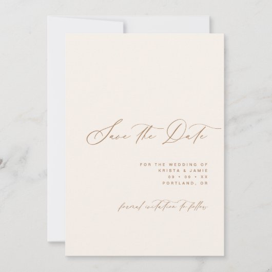 Minimalist Script Ivory & Tan Photo Wedding Save The Date (Voorkant)
