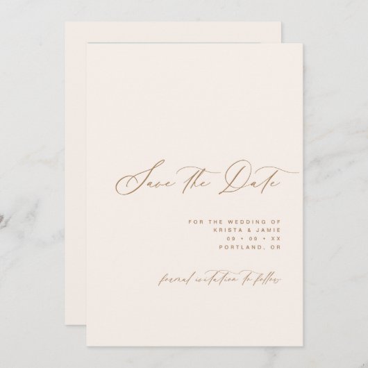 Minimalist Script Ivory & Tan Photo Wedding Save The Date (Voorkant / Achterkant)