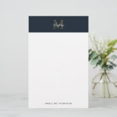 Minimalist Script Metallic Navy Blue Gold Monogram Briefpapier (Staand voorkant)