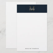 Minimalist Script Metallic Navy Blue Gold Monogram Briefpapier (Voorkant / Achterkant)