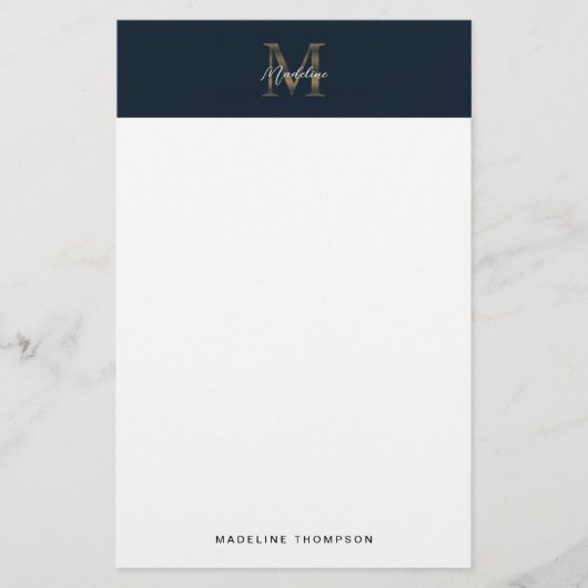 Minimalist Script Metallic Navy Blue Gold Monogram Briefpapier (Voorkant)