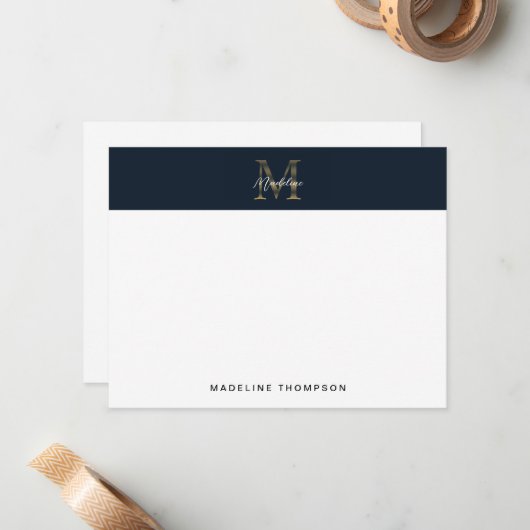 Minimalist Script Metallic Navy Blue Gold Monogram Notitiekaartje (Voorkant / Achterkant in situ)