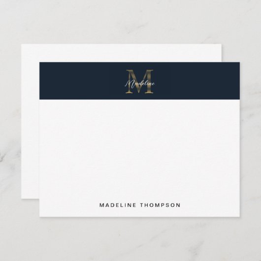 Minimalist Script Metallic Navy Blue Gold Monogram Notitiekaartje (Voorkant / Achterkant)