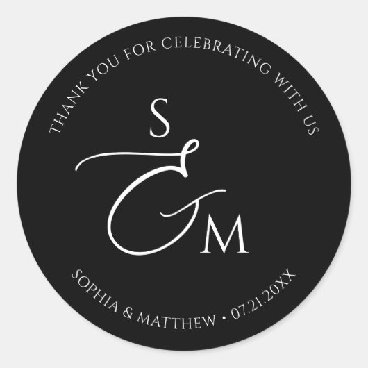 Minimalist Script Monogram Wedding Black Ronde Sticker (Voorkant)